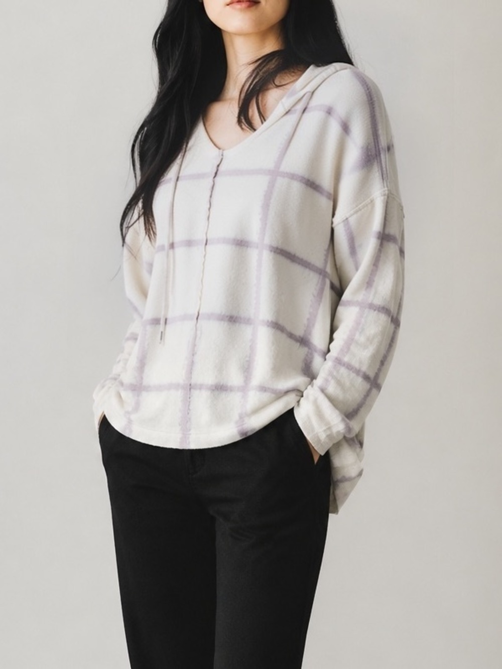 Plaid V-Neck Sweater in Cream and Purple